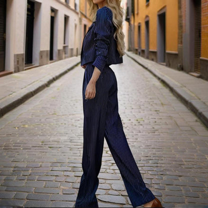 Women's Solid & Striped Long Sleeve Blazer Suit Set - Button-Up Cropped Top With Pleated Pants, Office Work Wear