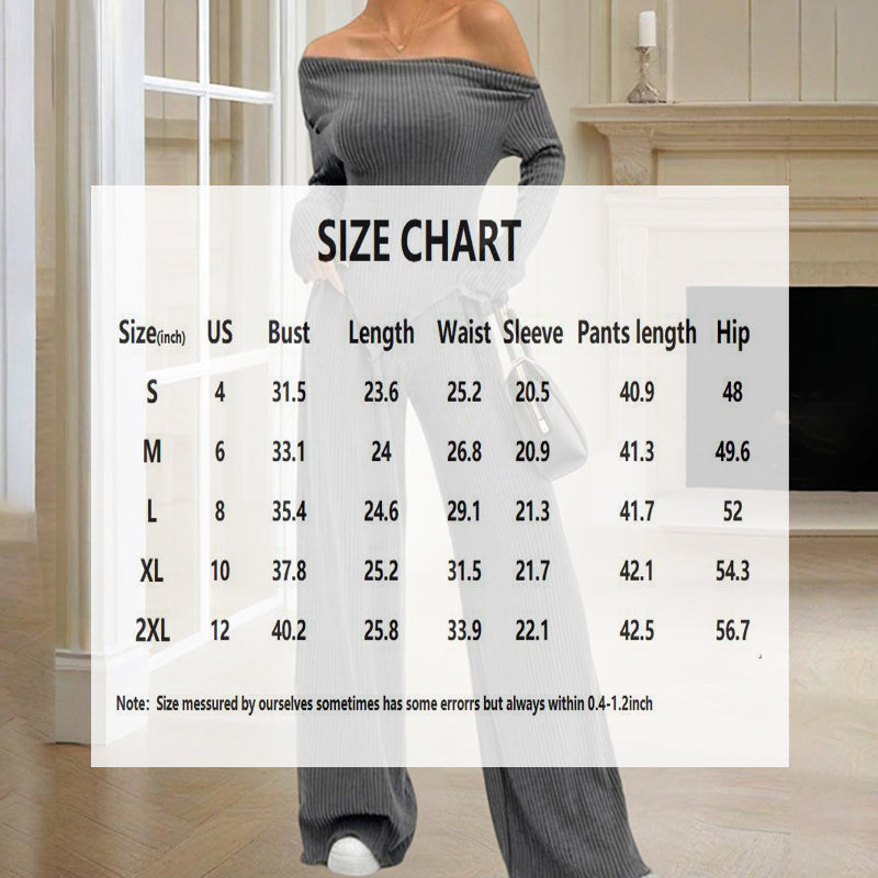 Women's Solid Color Off-Shoulder Long Sleeve Top & Pants Set - Elegant Asymmetrical Hem & Ruffes Cuff Casual Outfit