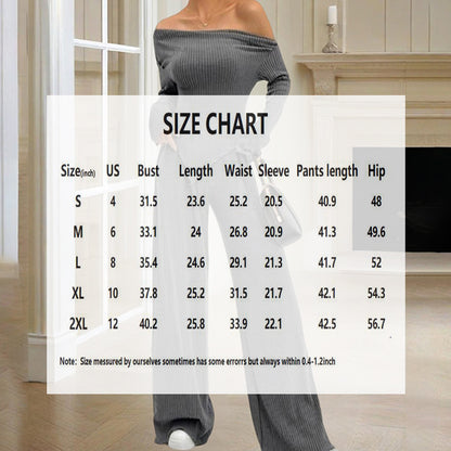 Women's Solid Color Off-Shoulder Long Sleeve Top & Pants Set - Elegant Asymmetrical Hem & Ruffes Cuff Casual Outfit