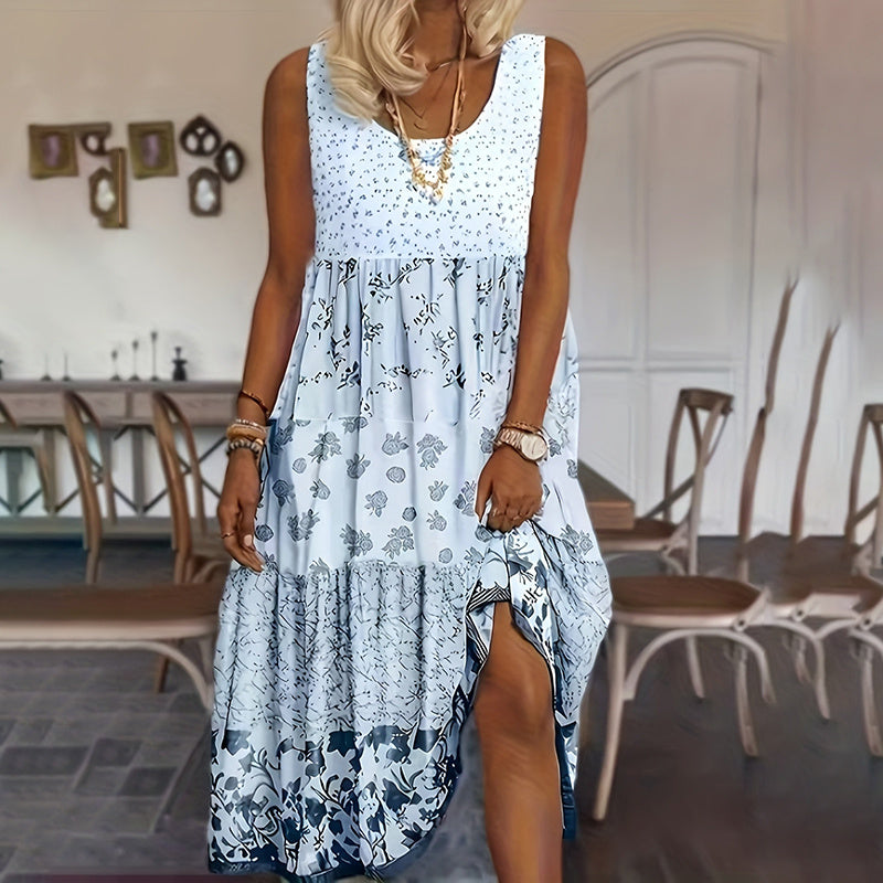 Women's Bohemian Floral Sleeveless Midi Dress Round Neck A-Line Summer For Casual Or Dressy Occasions