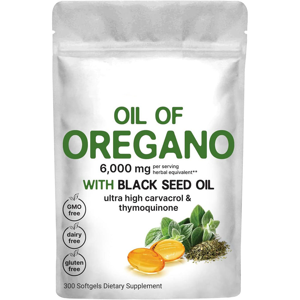 Oregano oil supplement pouch with black seed oil, 300 softgels