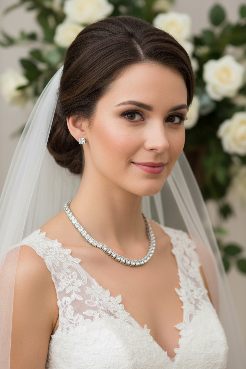 Rhinestone drop earrings and layered sparkle necklace, worn on model