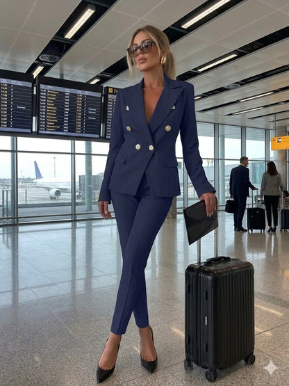 Women’s navy double-breasted blazer and slim trousers suit set