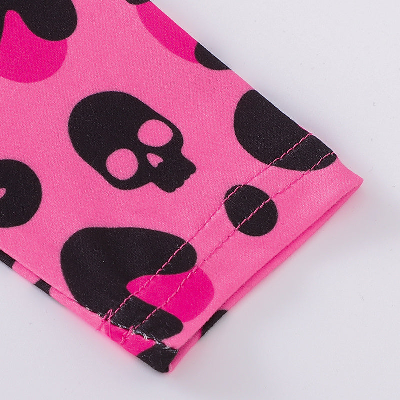 3pcs Toddler Girl's Halloween Skull Ghost Bats Print Stretch Long Sleeve A-line Dresses