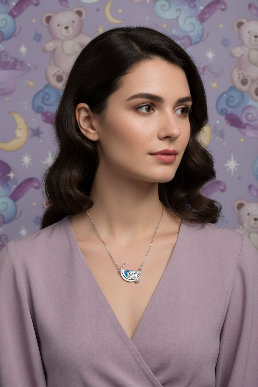 Sterling silver necklace with crescent moon and bear pendant, blue enamel accents