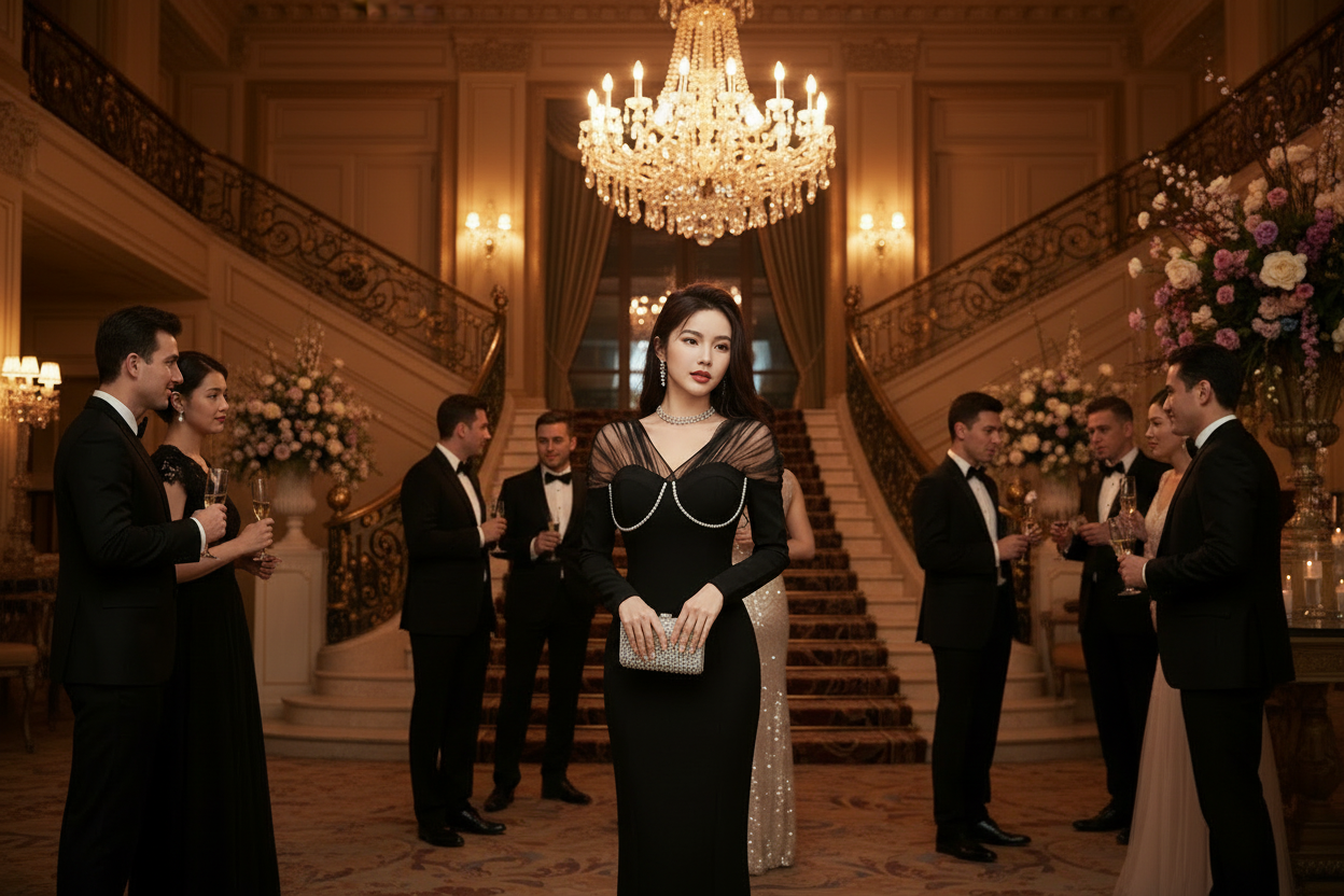 Black fitted long-sleeve dress with scoop neckline and curved trim across upper bodice
