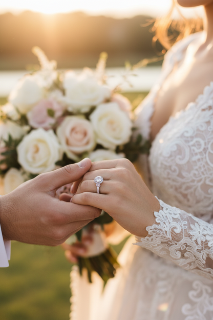 Silver wedding ring with round moissanite center and halo of small stones