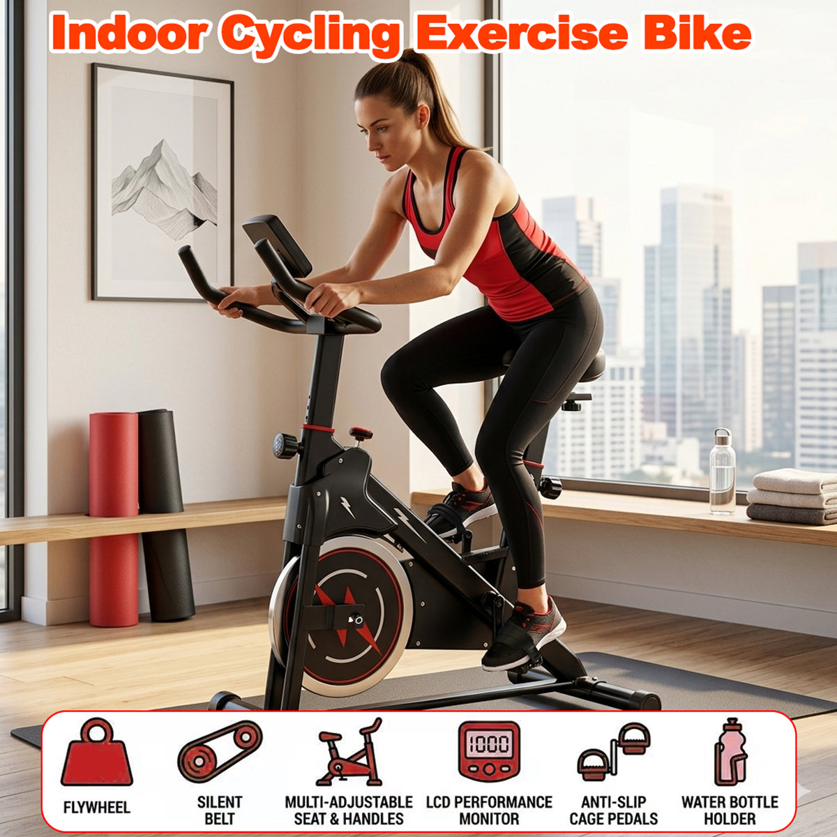 Indoor exercise bike used by a person, with LCD display and anti-slip pedals