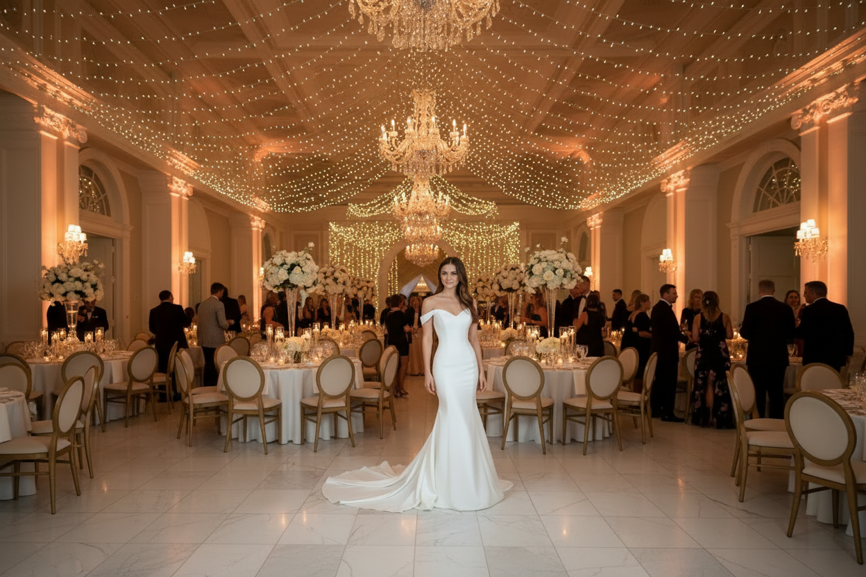 Ivory satin wedding dress with V-neck, fitted waist, and fishtail hem