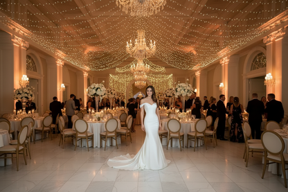 Ivory satin wedding dress with V-neck, fitted waist, and fishtail hem