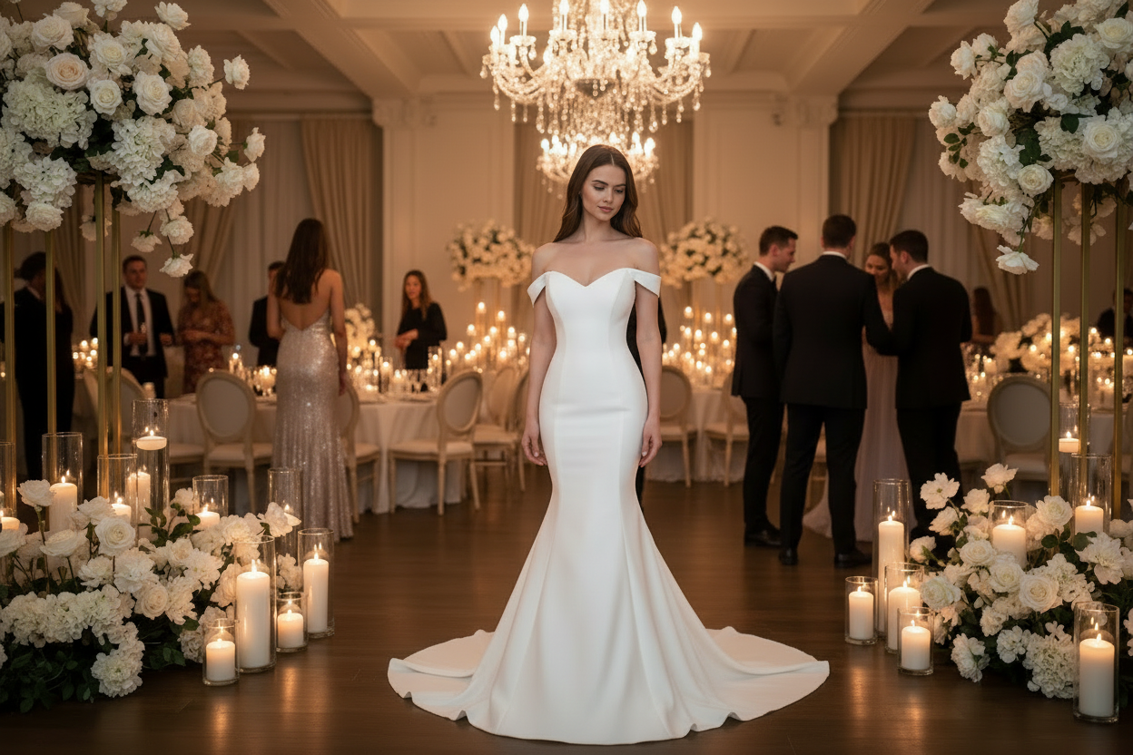 Ivory satin V-neck mermaid wedding dress with fitted waist and flared bottom
