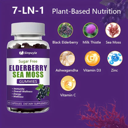 Sugar-free elderberry sea moss gummies bottle with plant-based nutrition icons, Sinpuyile.