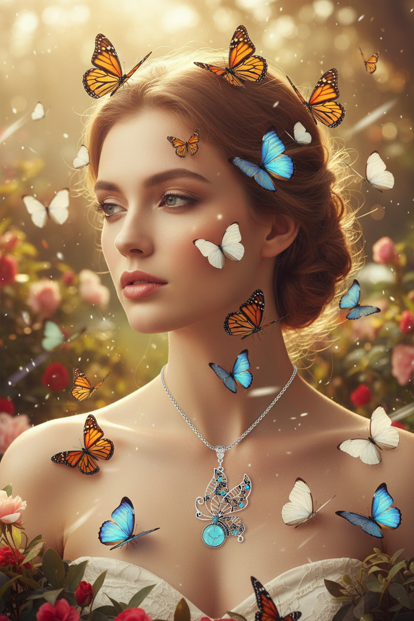 Turquoise butterfly necklace pendant with matching drop earrings, silver-tone jewelry close