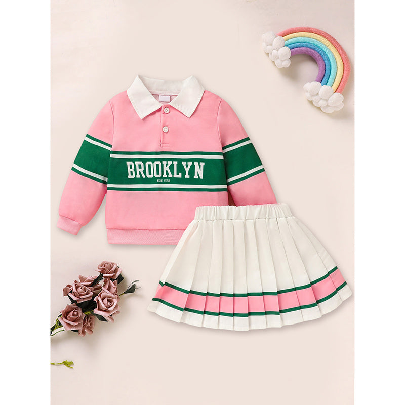 Toddler Girls 2 Piece Outfit Color block Letter Graphic Print Sweatshirt And Pleated Skirt Set