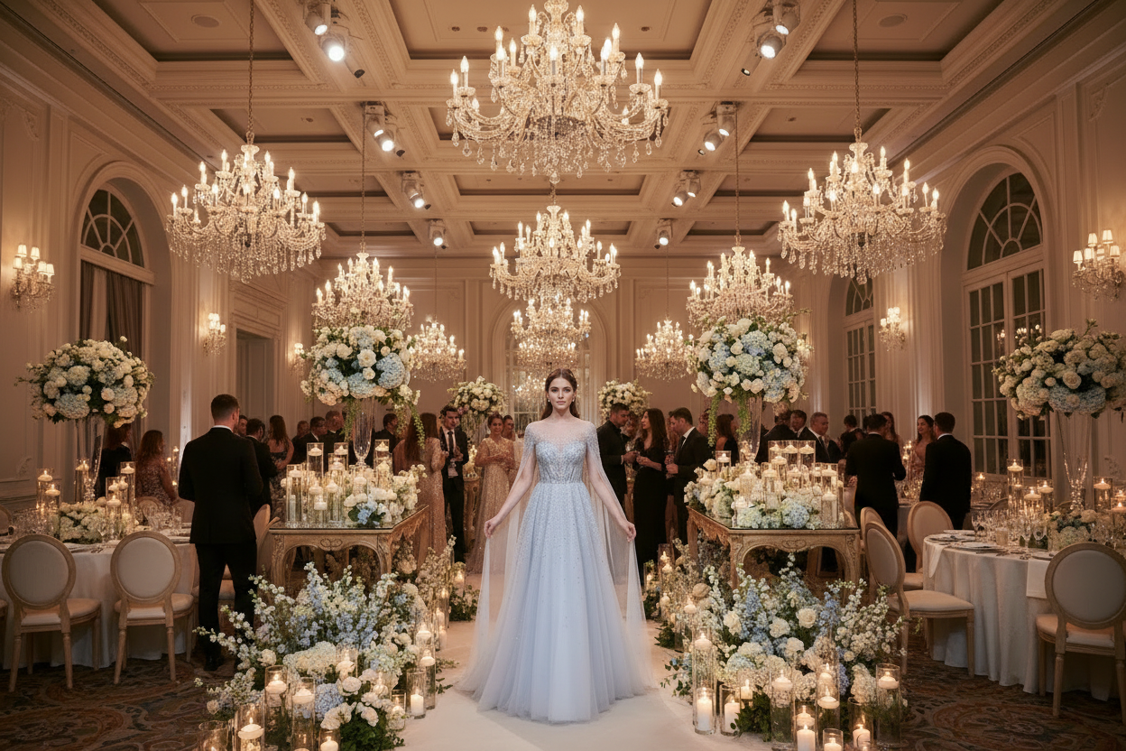 Light blue evening dress with beaded illusion bodice and long floor-length tulle skirt