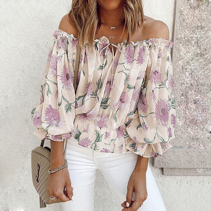 Womens Summer Off Shoulder Blouse Floral Print Ruffle Sleeve Casual Chiffon Tops Shirts