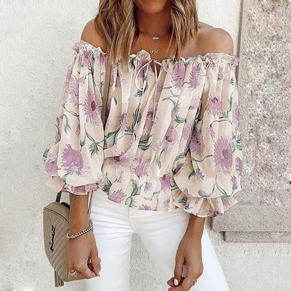 Womens Summer Off Shoulder Blouse Floral Print Ruffle Sleeve Casual Chiffon Tops Shirts