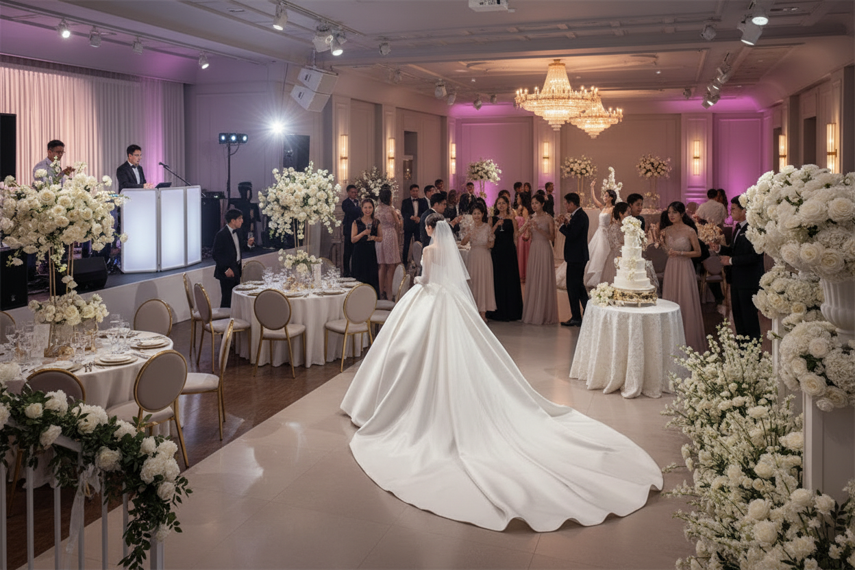 White satin princess wedding dress with long train and veil, three-quarter view