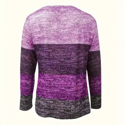 Women's Geometric Color Block V-Neck Zip Detail Long Sleeve T-Shirt all Casual Slim Fit Top