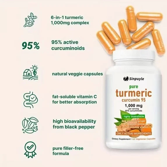 Pure turmeric supplement bottle with 95% curcuminoids and natural veggie capsule graphic