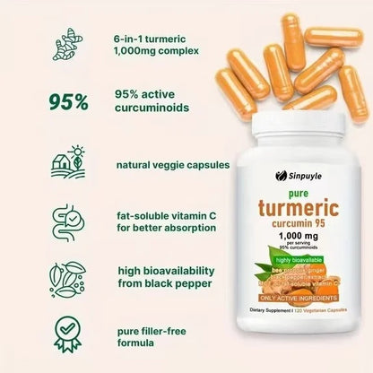 Pure turmeric supplement bottle with 95% curcuminoids and natural veggie capsule graphic