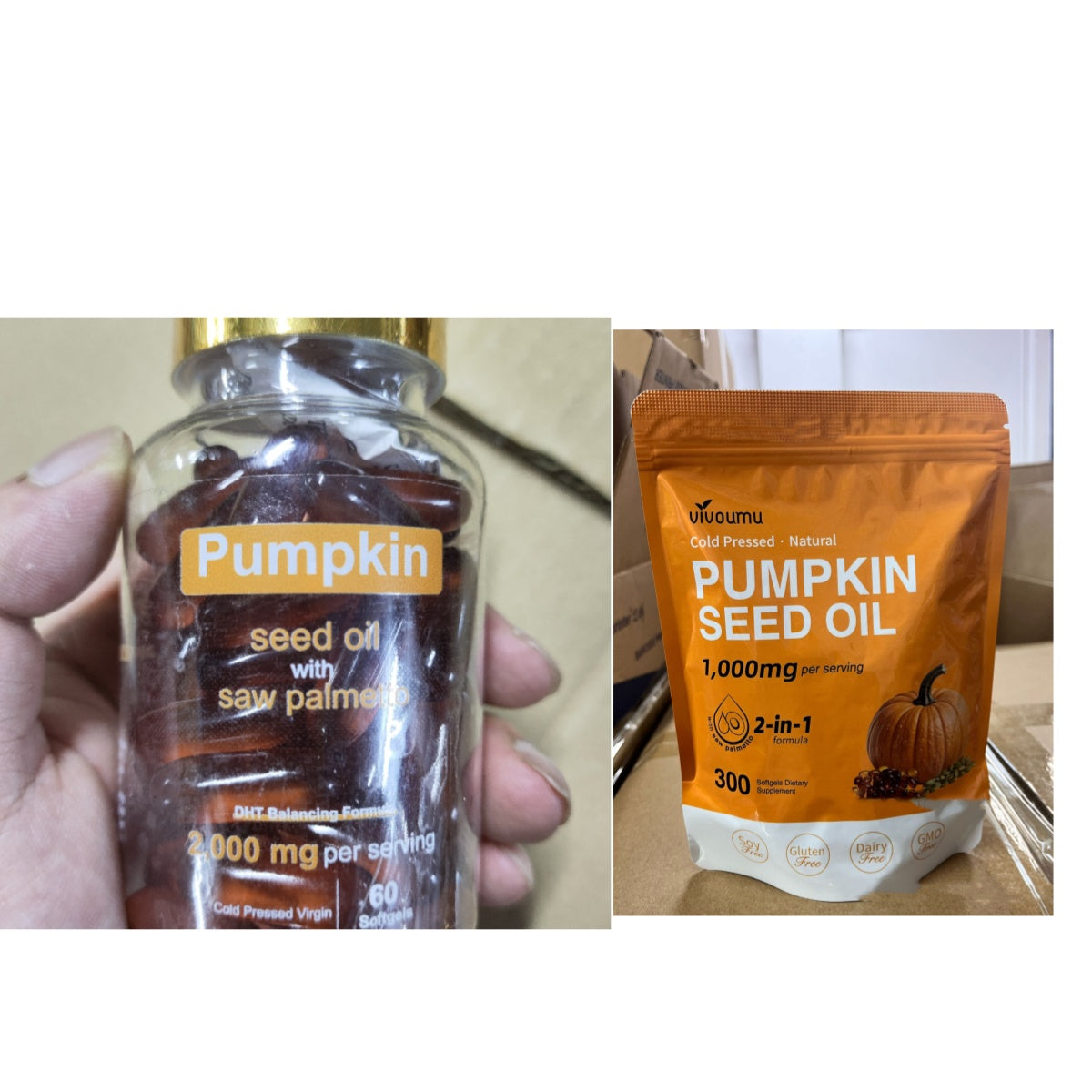 Pumpkin seed oil soft capsules bottle and pouch package, labels shown