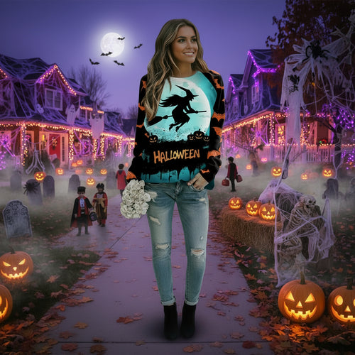 Halloween Cartoon Print Sweatshirt Long Sleeve Pullover Tops Women
