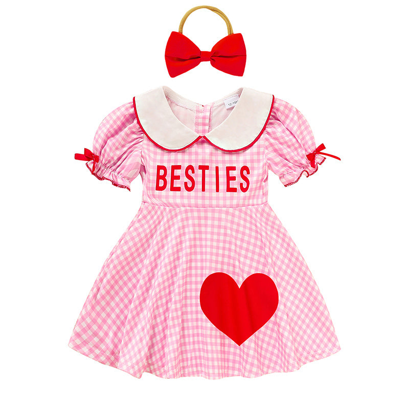 Sweet Baby Toddler Girl's Short Sleeve Letter Heart Print Doll Collar Dress With Matching Headband