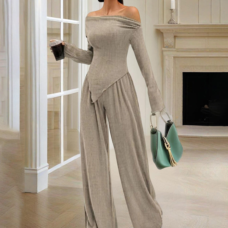 Women's Solid Color Off-Shoulder Long Sleeve Top & Pants Set - Elegant Asymmetrical Hem & Ruffes Cuff Casual Outfit