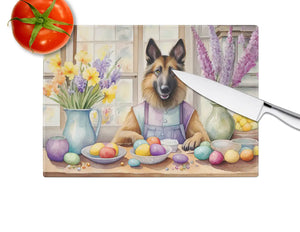 Easter glass cutting board with Belgian shepherd dog, eggs, and spring flowers