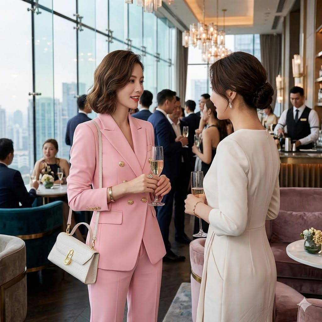 Pink women's suit blazer with lapels and matching slim trousers, holding a champagne flute.