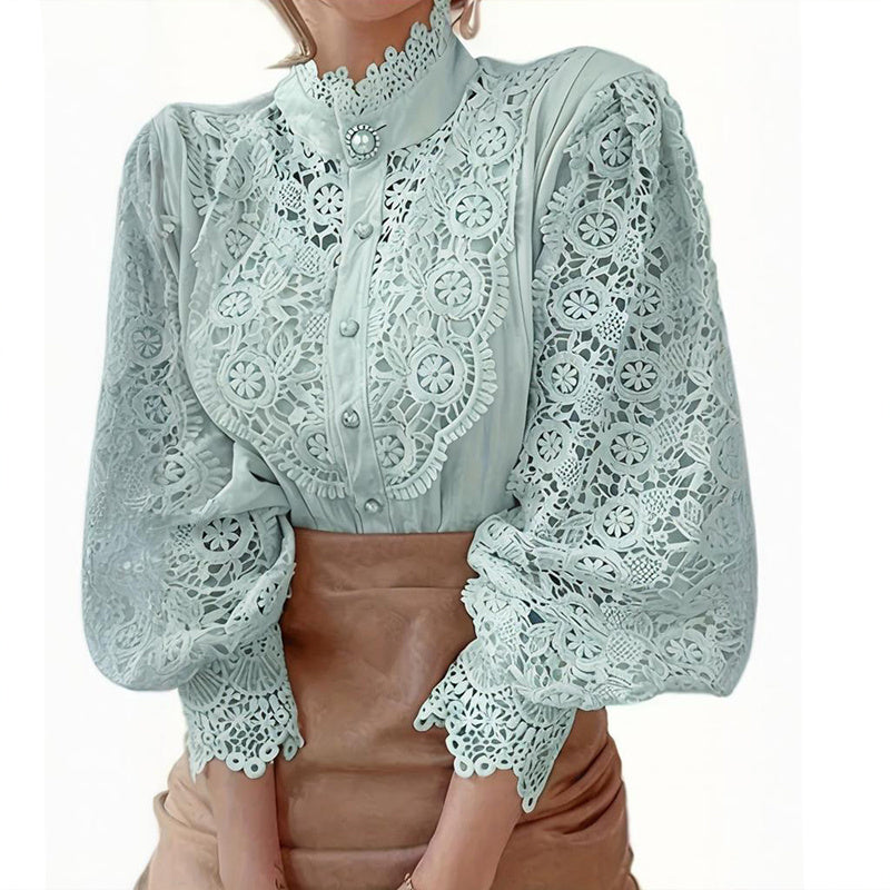 Elegant Women's Vintage Pearl Button Lace Blouse - Puff Sleeve Semi-Sheer Ruffled Stand Collar Shirt