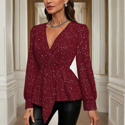 Women's Asymmetrical Hem Solid Color V-Neck Long Sleeve Blouse - Stylish Casual Flash Top For Spring&Fall