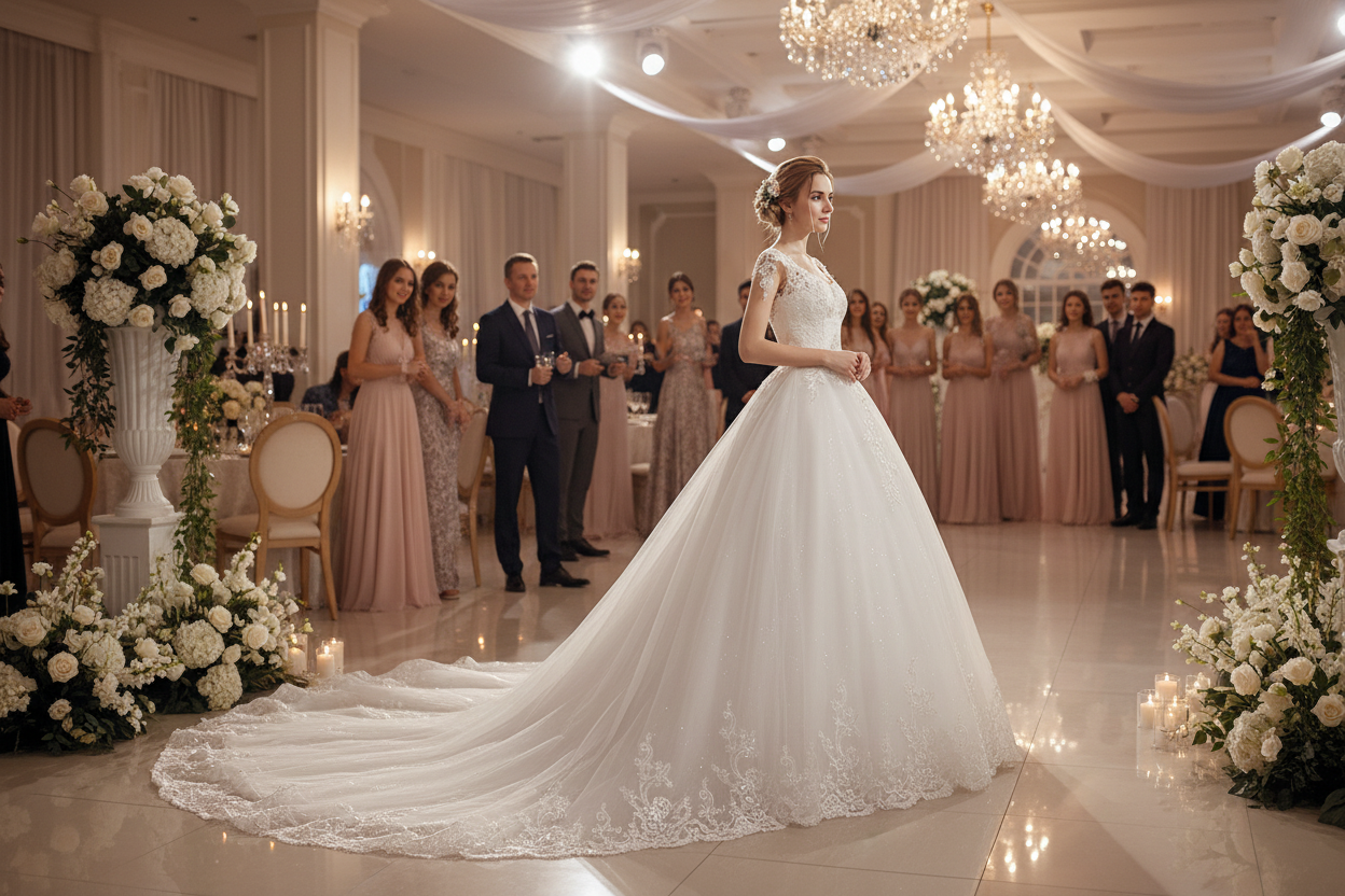 White lace strap wedding ballgown with sparkling waistline and train