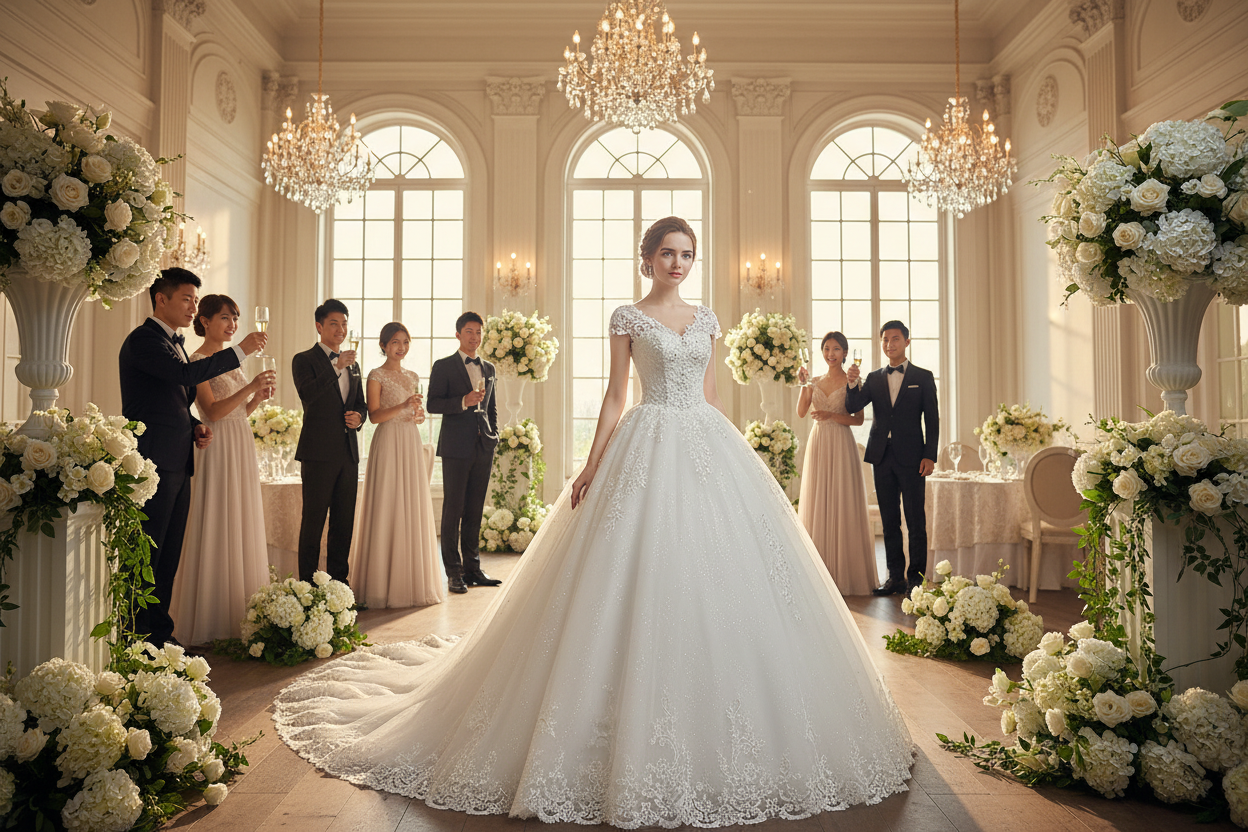 White lace strap wedding dress with fitted bodice and voluminous skirt