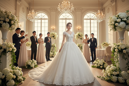 White lace strap wedding dress with fitted bodice and voluminous skirt