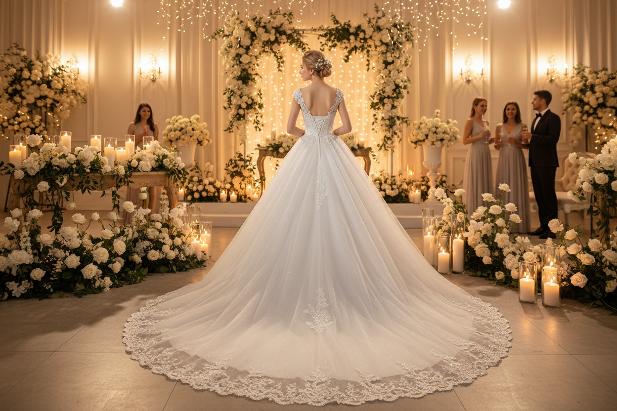White lace back wedding dress with flowing train and floral hem