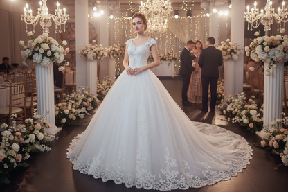 White lace strap wedding dress with sparkling bodice and long train