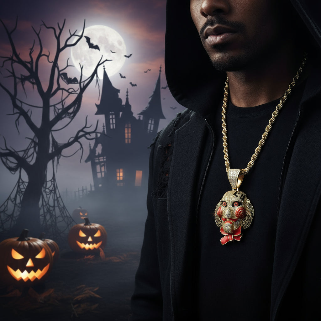 Chainsaw Cry Mask Doll Pendant Halloween Cosplay Jewelry Full Zircon Pendant