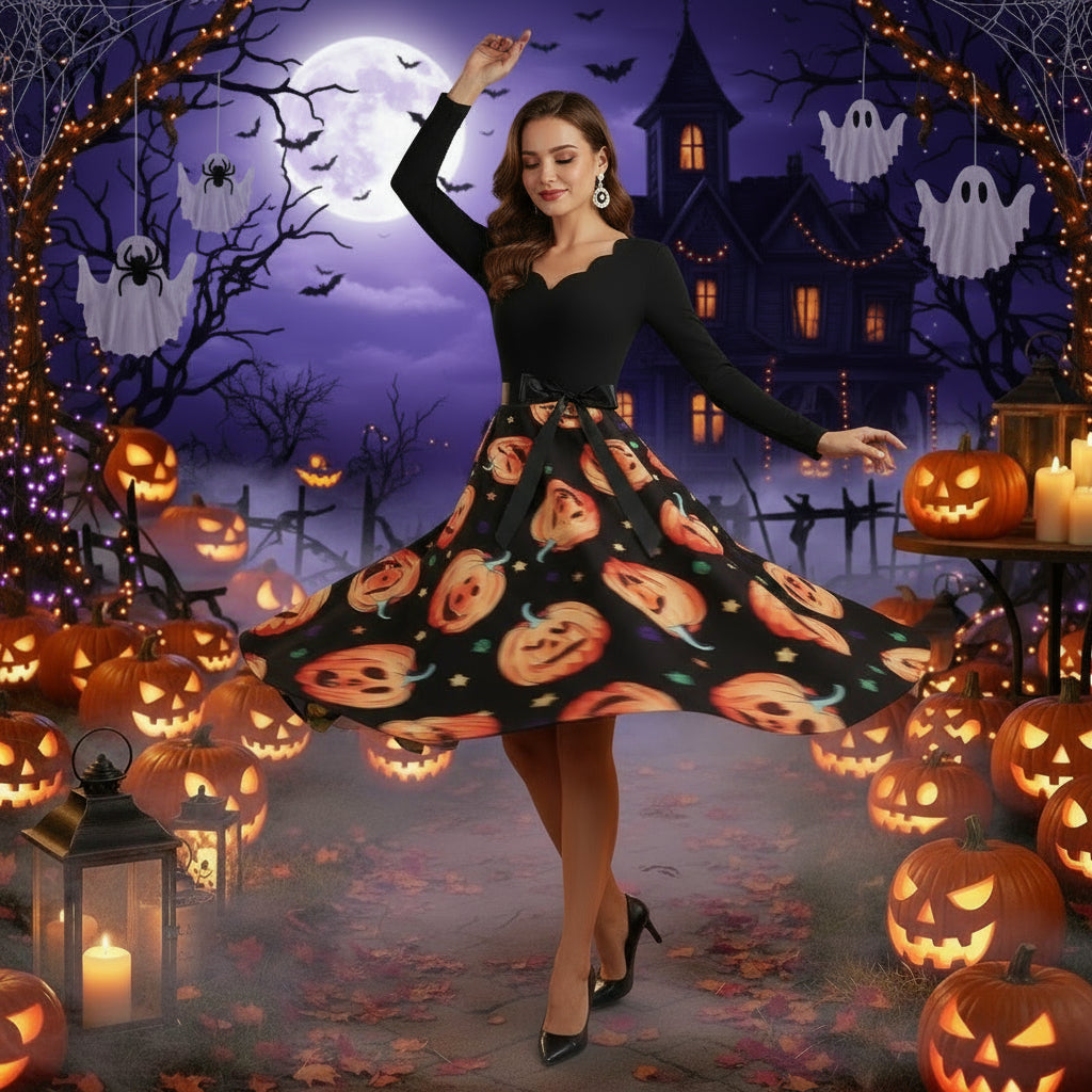 Halloween Burnt Flower V-neck Long-sleeved Sexy Print Big Swing Dress