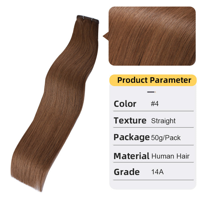 Straight real hair extension weft, chestnut-brown hair with stitched top