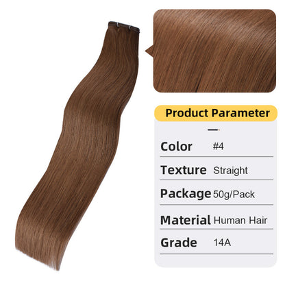 Straight real hair extension weft, chestnut-brown hair with stitched top