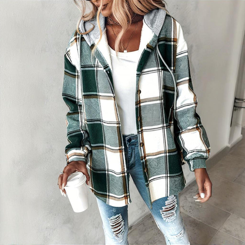 Women's Plaid Drawstring Hoodie Long Sleeve Shirt Button Front Casual Tops Minimalist Style