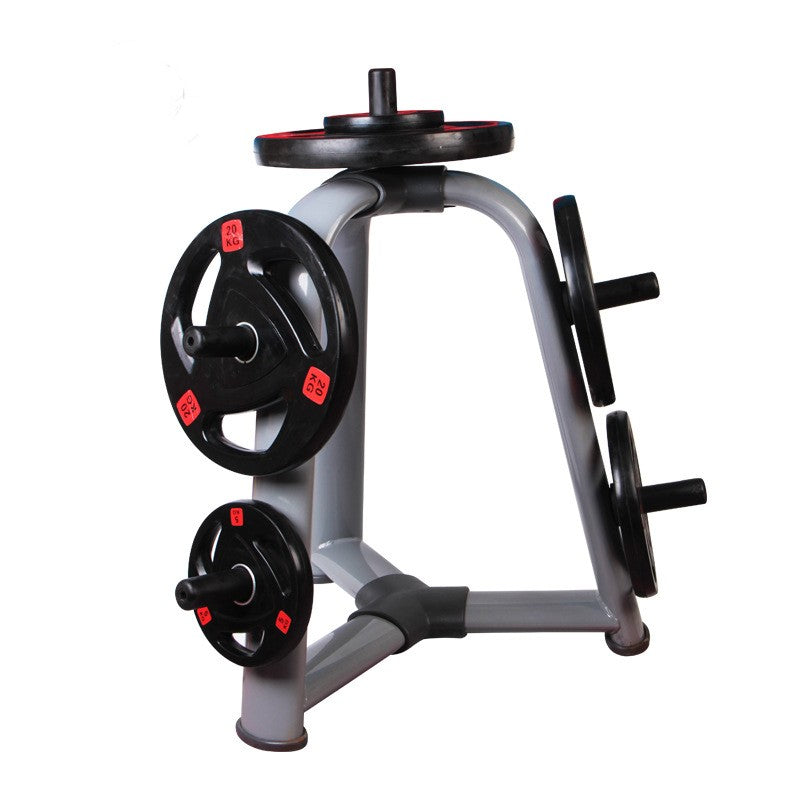 Black 2.5 kg barbell weight disks on rack stand, center holes and red labels