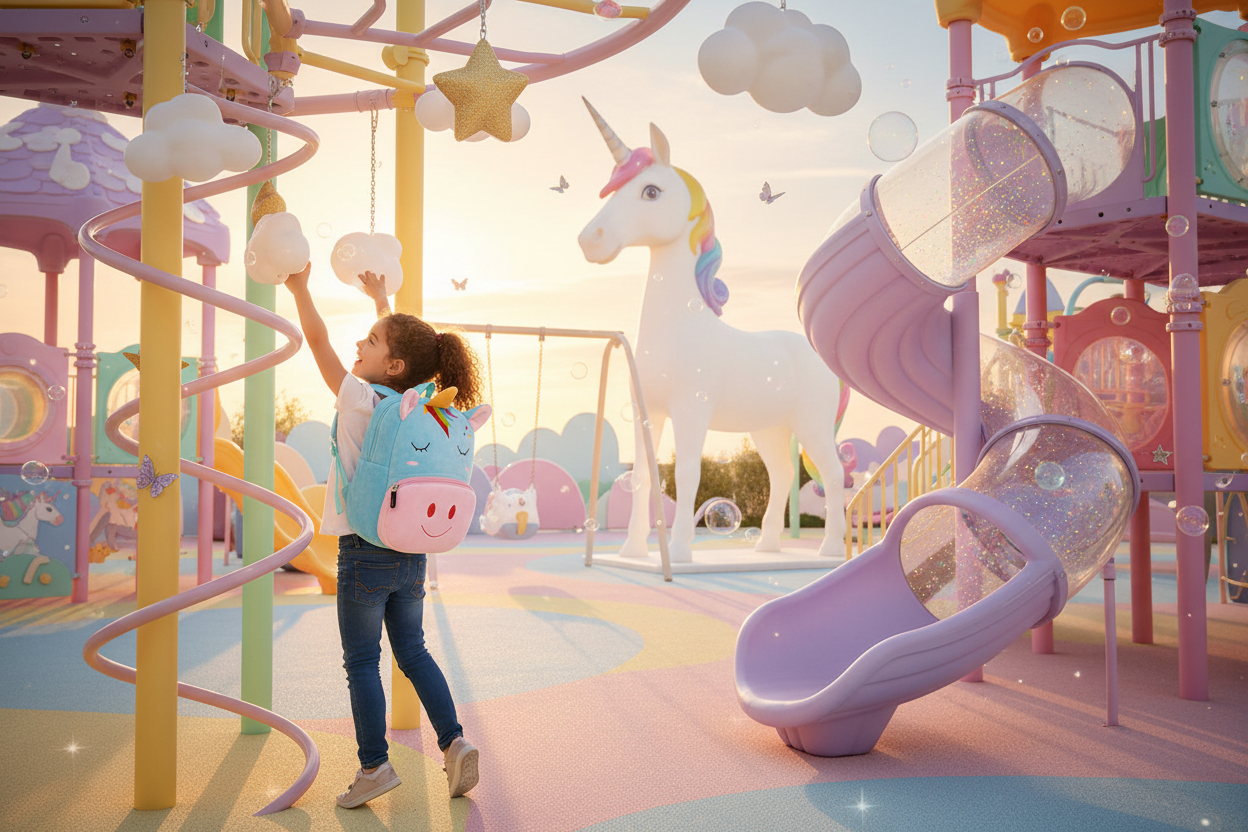 Light blue kids backpack with unicorn face, front pocket, and padded shoulder straps.