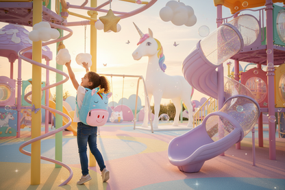 Light blue kids backpack with unicorn face, front pocket, and padded shoulder straps.
