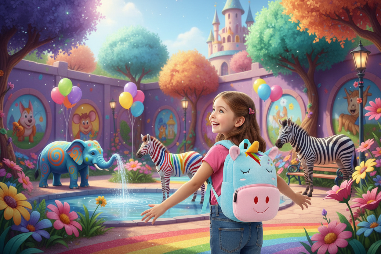 Kids backpack with unicorn-face patch, light blue body and smiling pink front