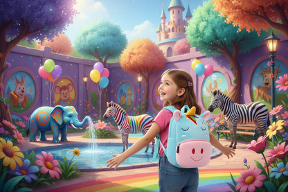 Kids backpack with unicorn-face patch, light blue body and smiling pink front