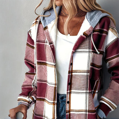 Women's Plaid Drawstring Hoodie Long Sleeve Shirt Button Front Casual Tops Minimalist Style