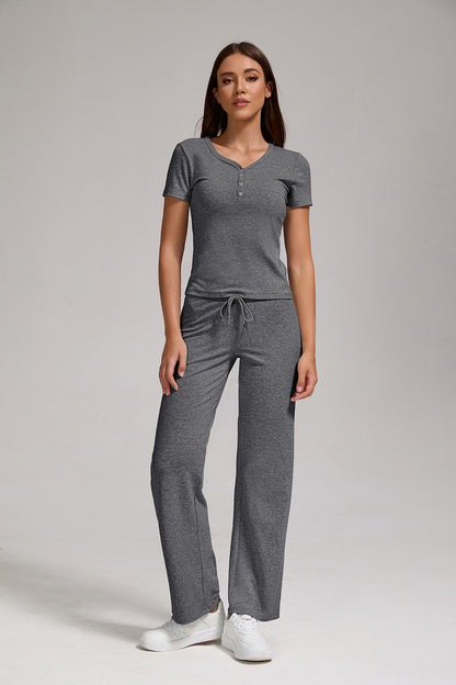 Women's Casual Two-piece Set With V-neck Button, Short Sleeved, Low Waisted Flared Pants, Sportswear